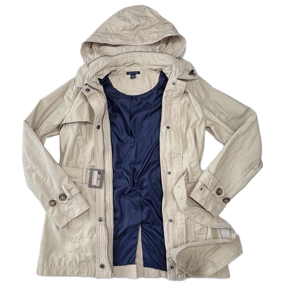Tommy Hilfiger Trench Coat Belted Jacket Hidden Hood Beige Tan Medium M - Picture 15 of 17